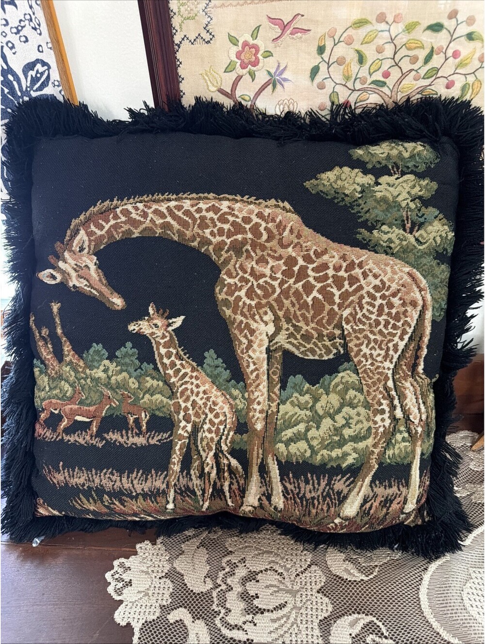 VTG Giraffe Mom & Baby Safari Africa Tapestry Throw Pillow Double Sided 16”